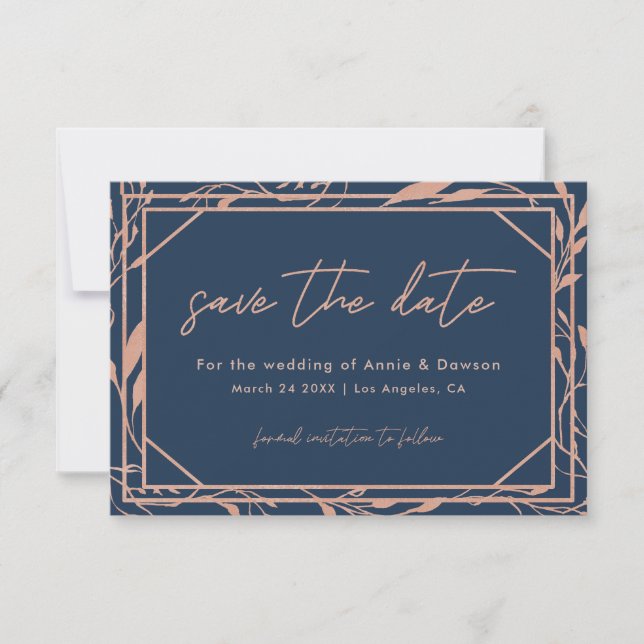 Elegant Script Navy & Rose Gold Wedding Save The Date (Front)