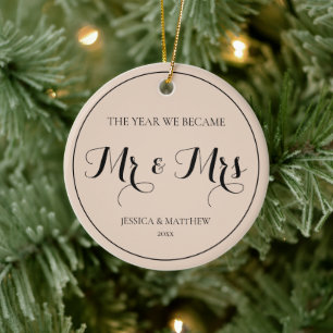 Elegant Script Newlywed First Christmas Mr and Mrs Ceramic Ornament