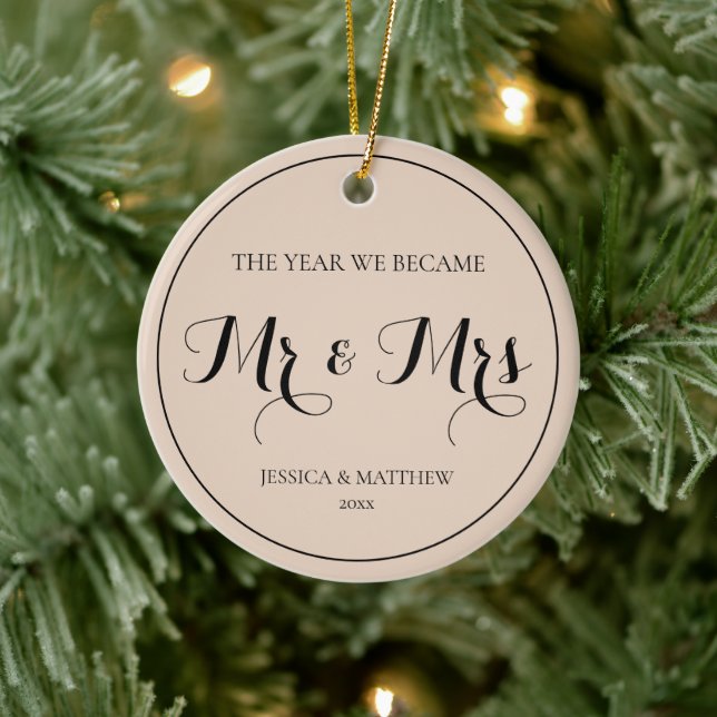 Elegant Script Newlywed First Christmas Mr and Mrs Ceramic Ornament (Tree)