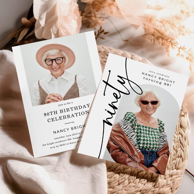 Elegant Script Ninety Arch Photo 90th Birthday Invitation (Creator Uploaded)