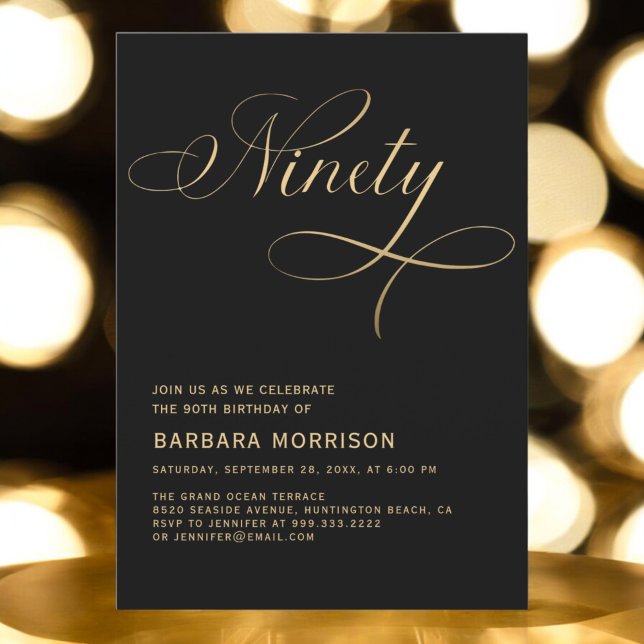 Elegant Script Ninety Black Gold 90th Birthday Invitation (Creator Uploaded)