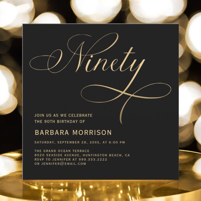 Elegant Script Ninety Black Gold 90th Birthday Invitation (Creator Uploaded)