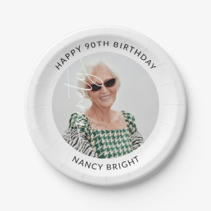 Elegant Script Ninety Photo 90th Birthday Paper Plate
