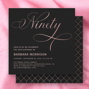 Elegant Script Ninety Rose Gold 90th Birthday Invitation