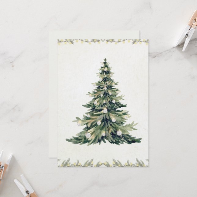 Elegant Script Non Photo Christmas Tree Watercolor Card (Front/Back In Situ)