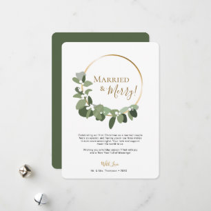 Elegant Script Non photo Wreath Married and Merry Holiday Card