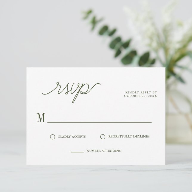 Elegant Script Olive Green Minimal Wedding RSVP Card (Standing Front)
