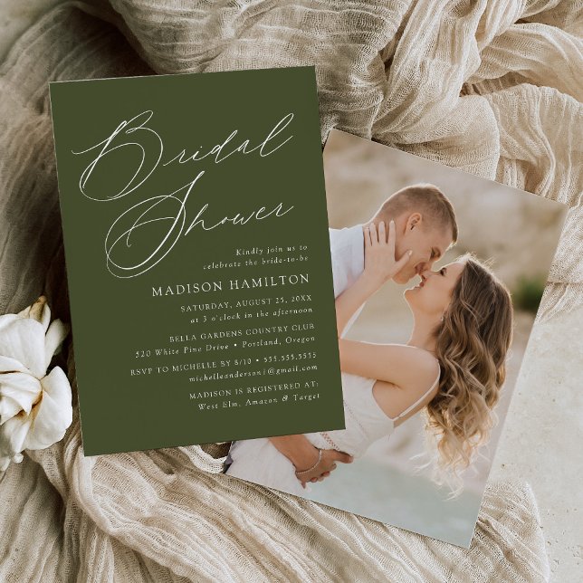 Elegant Script Olive Green Photo Bridal Shower Invitation (Creator Uploaded)