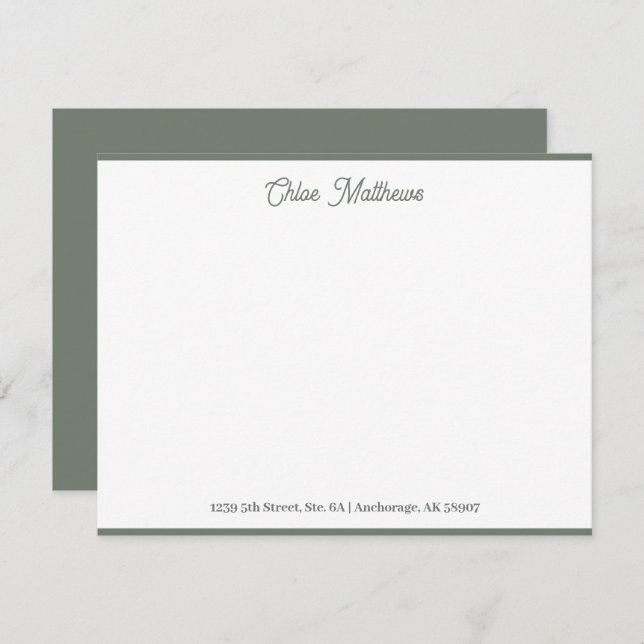Elegant Script Olive Green Stationery Border Card (Front/Back)