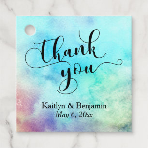 Elegant Script on Aqua Watercolor Splash Thank You Favour Tags