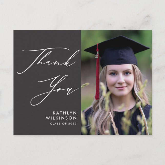 Elegant Script on Grey Simple Graduation Thank You Postcard (Front)