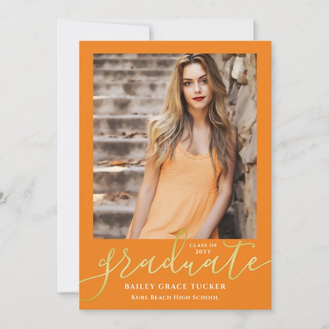Elegant Script Orange Gold 2-Photo Graduation Announcement (Front)