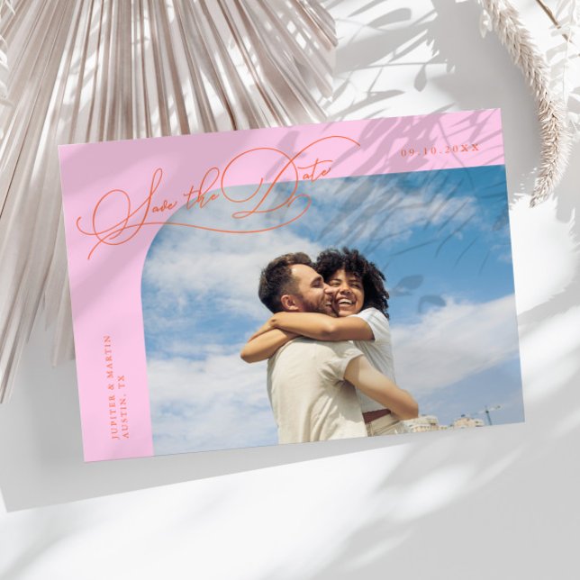 Elegant Script Orange Pink Curved Frame Photo Save The Date (Creator Uploaded)