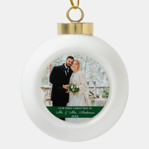 Elegant Script Our First Christmas Green Ceramic Ball Christmas Ornament