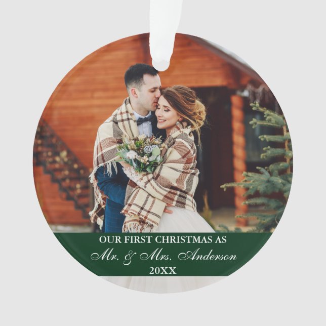 Elegant Script Our First Christmas Hunter Green Ornament (Front)