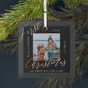 Elegant Script Our First Christmas New Home Photo Glass Tree Decoration