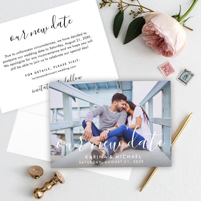 Elegant Script Our New Date Wedding Postponement Save The Date (Creator Uploaded)