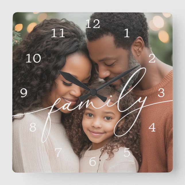 Elegant Script Overlay Family Photo Square Wall Clock (Front)