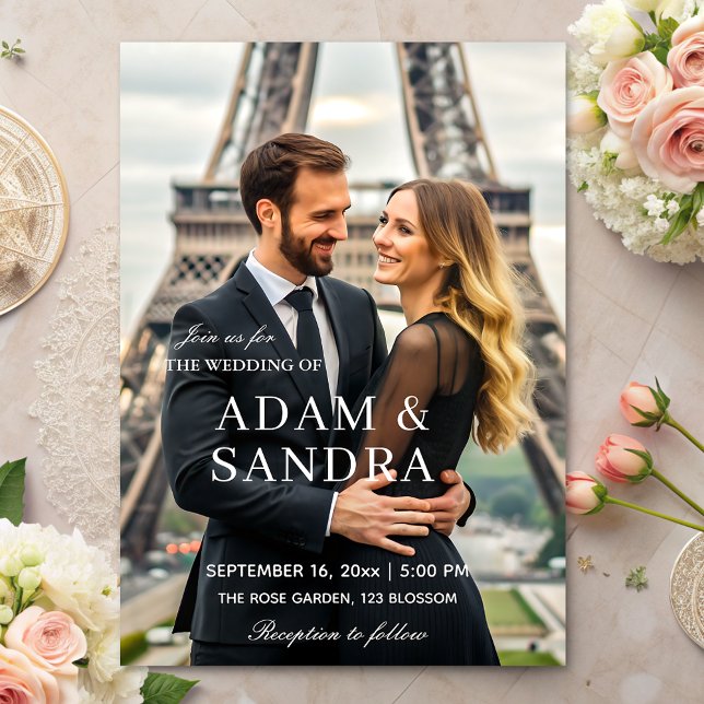 Elegant script Overlay Modern black white Wedding  Invitation (Creator Uploaded)