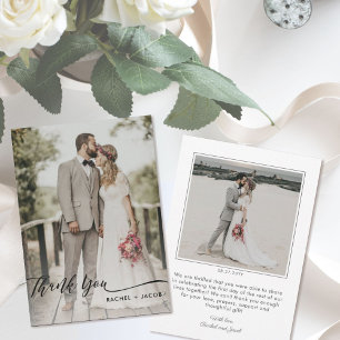 Elegant Script Overlay Modern Two Photo Wedding Thank You Card