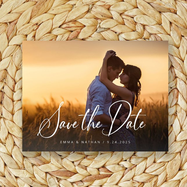 Elegant Script Overlay | Photo Save the Date Announcement Postcard (An elegant wedding save the card with modern script and your photo)