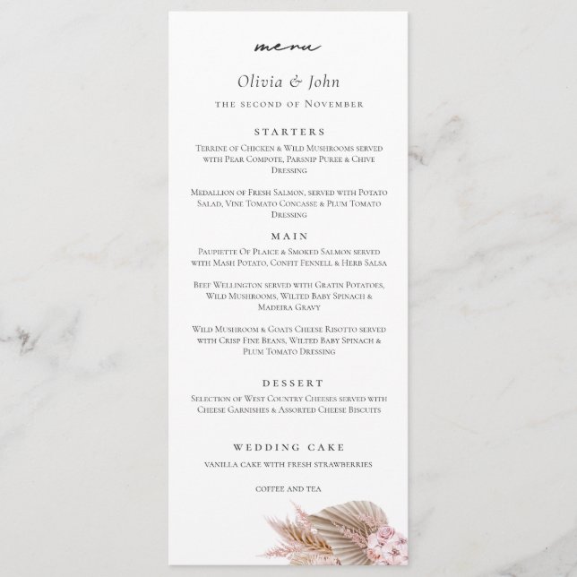 Elegant Script Pampas Grass Wedding  Menu (Front)