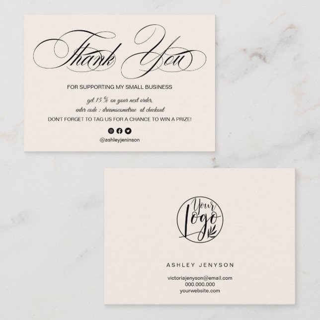 Elegant script pastel beige logo order thank you business card (Front/Back)
