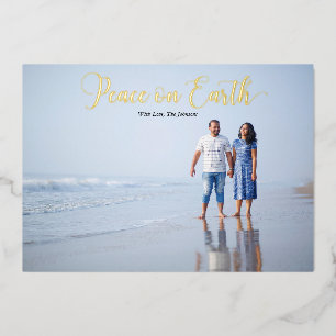 Elegant Script Peace on Earth Personalised Foil Holiday Card