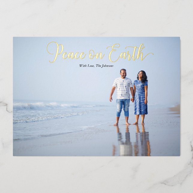 Elegant Script Peace on Earth Personalised Foil Holiday Card (Front)