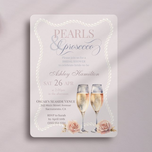 Elegant script Pearls & prosecco Bridal shower  Invitation (Creator Uploaded)