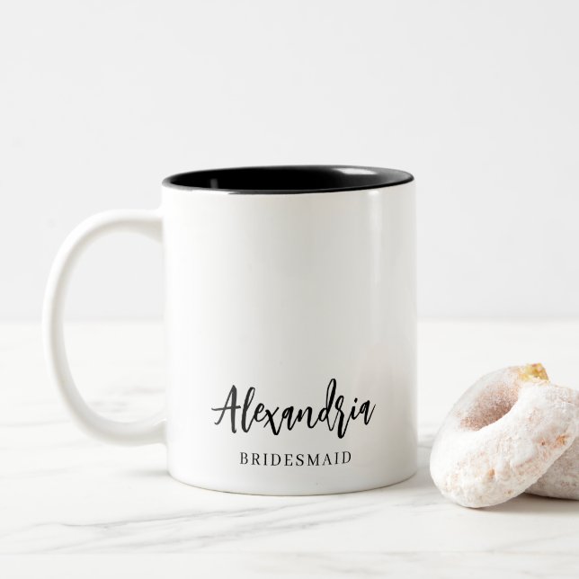 Elegant Script Personalised Bridesmaid Name Two-Tone Coffee Mug (With Donut)