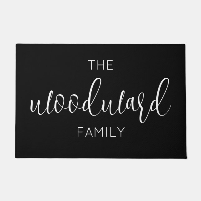 Elegant Script Personalised Family Name Black Doormat (Front)