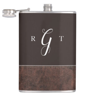 Elegant Script Personalised Monogram Brown Leather Hip Flask