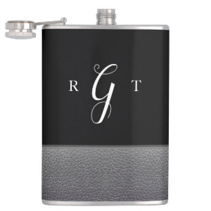 Elegant Script Personalised Monogram Grey Leather Hip Flask