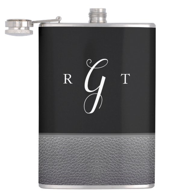 Elegant Script Personalised Monogram Grey Leather Hip Flask (Opened)