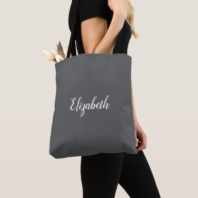 Elegant Script Personalised Name Custom Name Grey Tote Bag (Close Up)