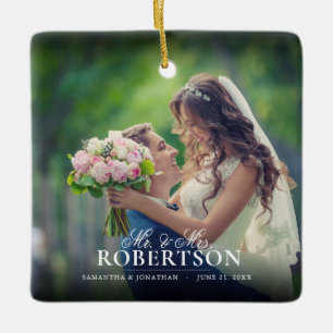 Elegant Script Personalized Wedding Christmas Ceramic Ornament