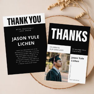 Elegant Script Photo Black and White Graduation Thank You Card