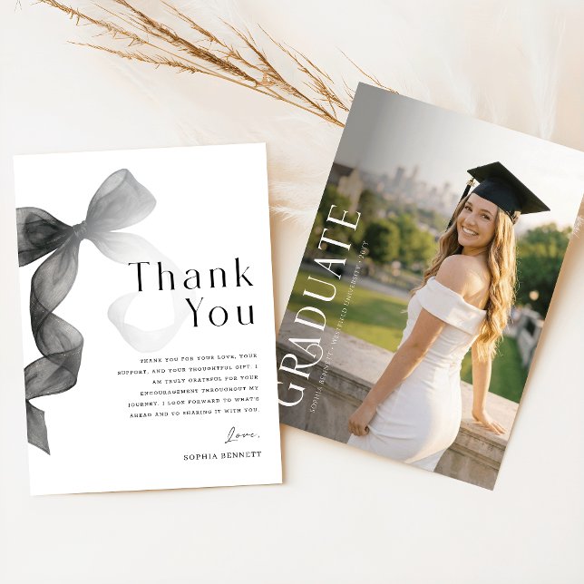 Elegant Script Photo Black Bow Graduation Thank You Card (Creator Uploaded)