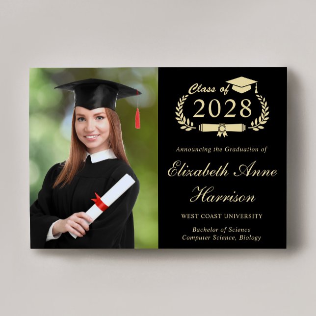 Elegant Script Photo Black Gold College Graduation Announcement (An elegant college graduation announcement to celebrate the graduate's achievements)