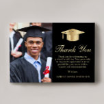 Elegant Script Photo Black Gold Graduation Thank You Card<br><div class="desc">Elegant black graduation thank you card featuring a gold grad cap,  a photo of the graduate,  "Thank You" in a classic gold script,  and your customised thank you message and the grad's name in modern serif gold typography.</div>