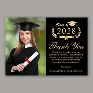 Elegant Script Photo Black Gold Graduation Thank You Card