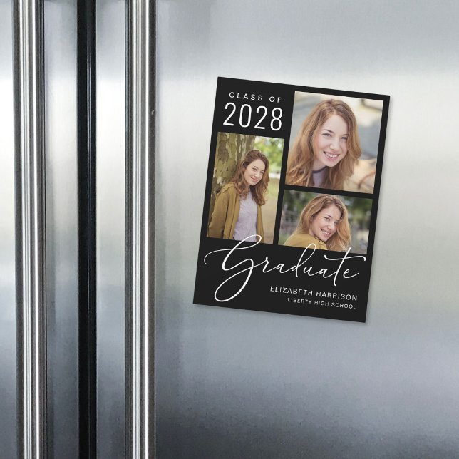 Elegant Script Photo Black Graduation Magnetic Invitation (An elegant magnetic photo collage graduation announcement to celebrate the graduate's achievements)