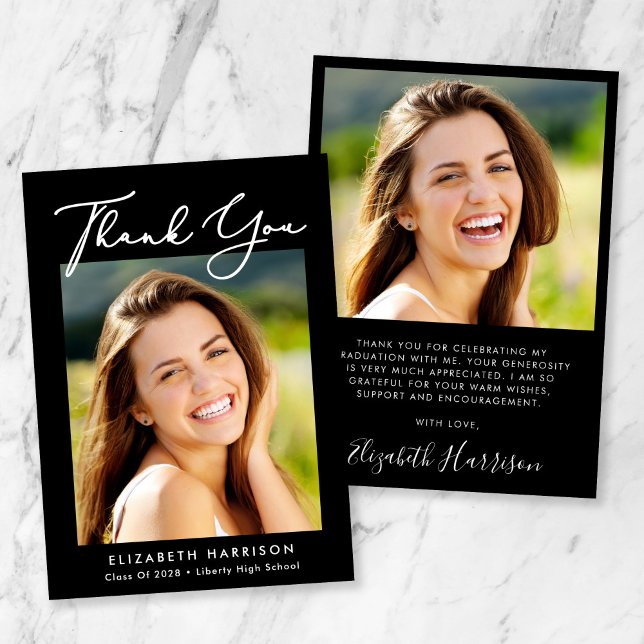 Elegant Script Photo Black Graduation Thank You Card (Creator Uploaded)