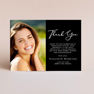 Elegant Script Photo Black Graduation Thank You Card