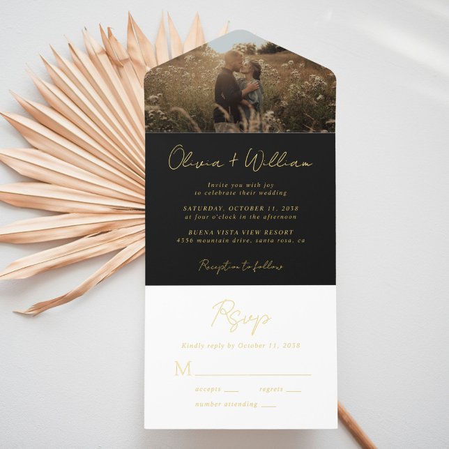 Elegant Script Photo Black Wedding All In One Invitation (Creator Uploaded)