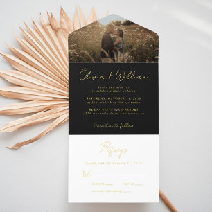 Elegant Script Photo Black Wedding All In One Invitation