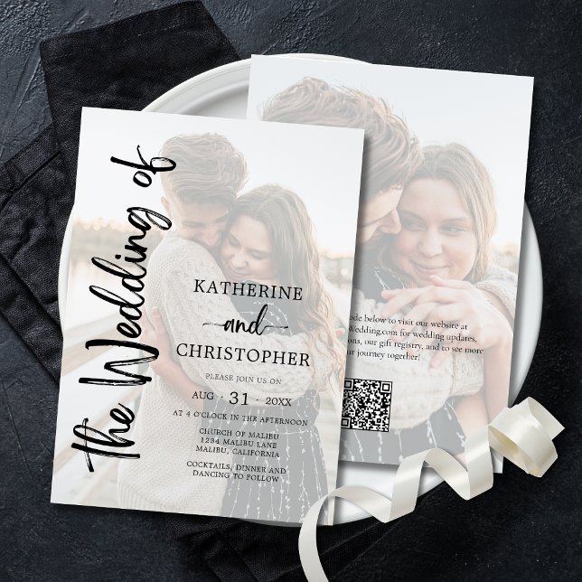 Elegant Script Photo Black White Formal Wedding Invitation (Bold Script Black and White Wedding Invitation with Two Photos, QR Code for Wedding Website.)