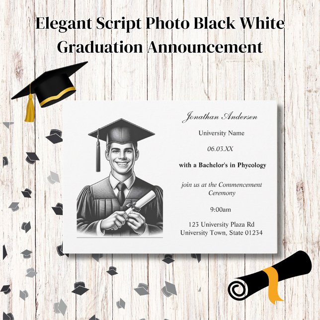 Elegant Script Photo Black White Graduation  Announcement (Creator Uploaded)