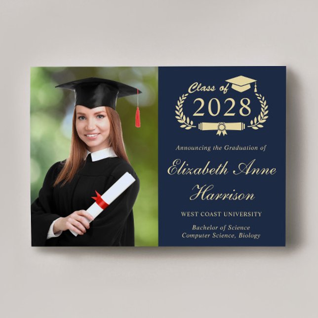 Elegant Script Photo Blue Gold College Graduation Announcement (An elegant college graduation announcement to celebrate the grad's achievements)